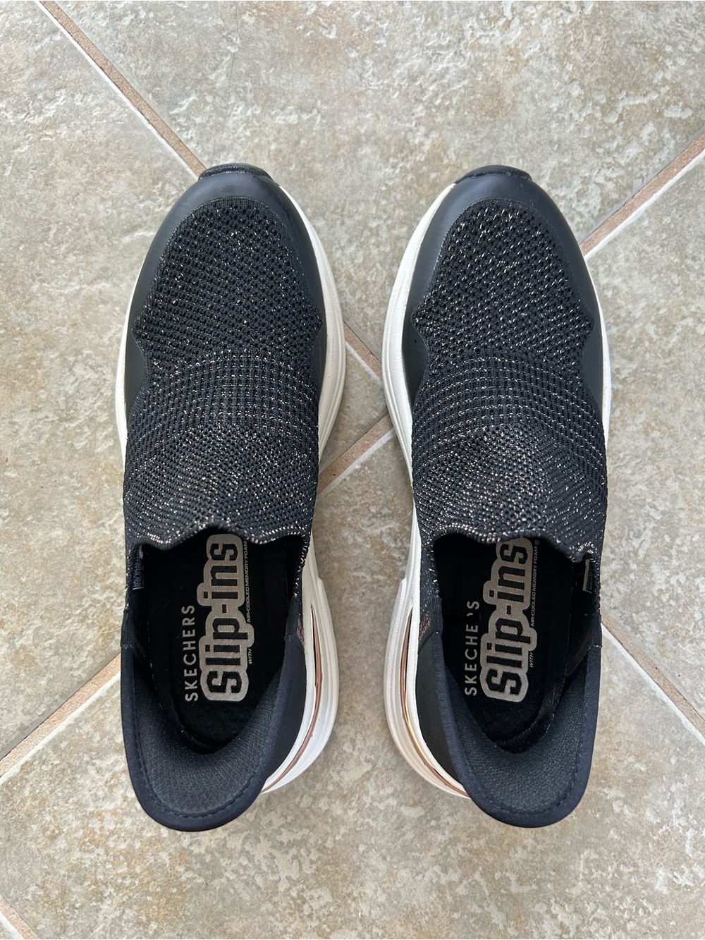 Skechers Black Knit Slip-On Sneakers with White Sole